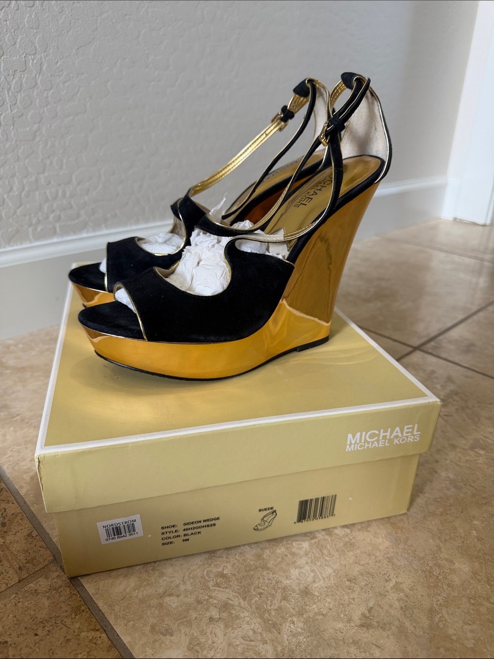 Michael Kors Black and Gold High Gloss Wedge Sandals